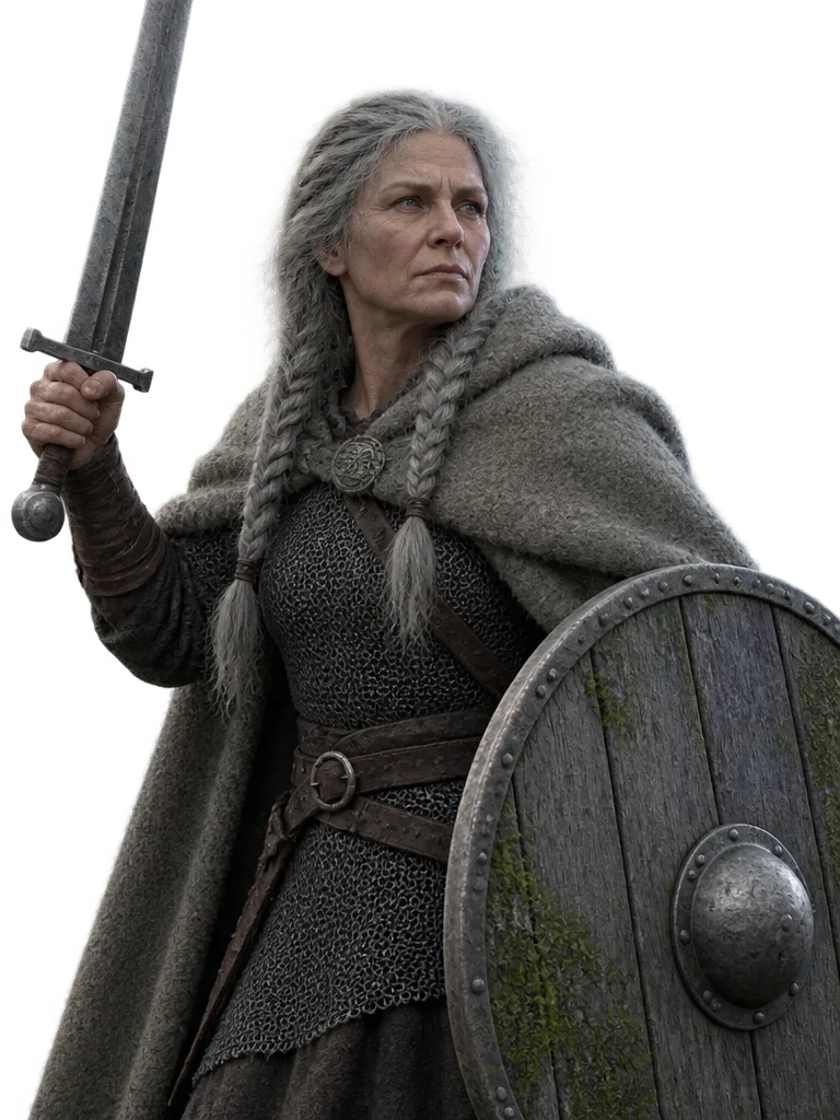 Gudrun mengangkat pedang lurus dengan tameng kayu di lengan kiri, rambut kelabu dikepang dua.