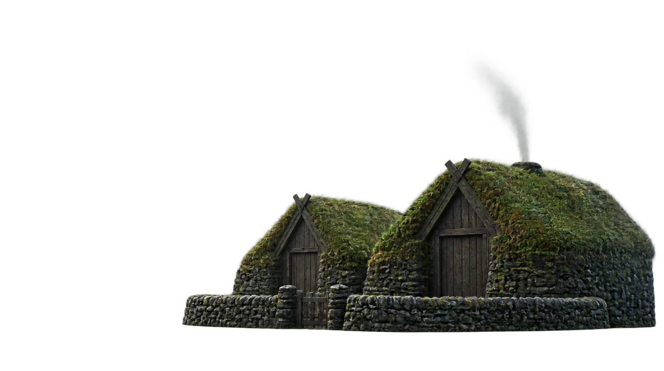 Dua rumah panjang beratap rumput dengan dinding batu basal dan pagar domba dari batu.